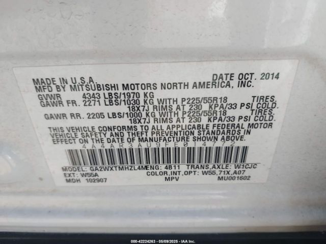 4A4AR3AU9FE014772 Mitsubishi Outlander Sport Es