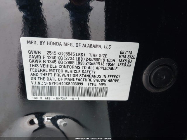 5FNYF5H40KB003099 Honda Pilot Ex-l