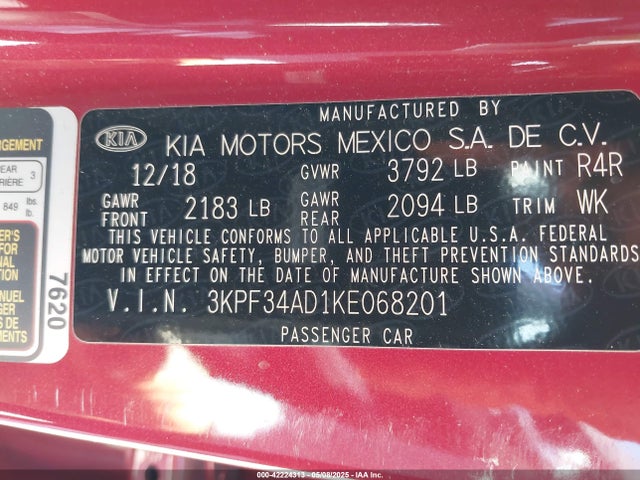 3KPF34AD1KE068201 KIA FORTE S