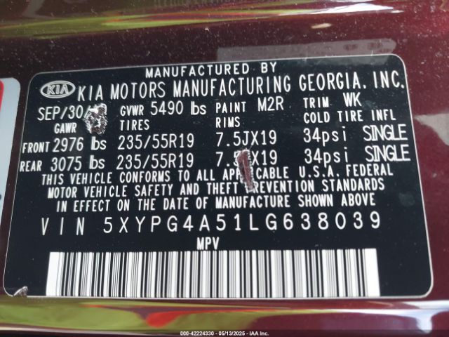 5XYPG4A51LG638039 KIA Sorento 3.3l S