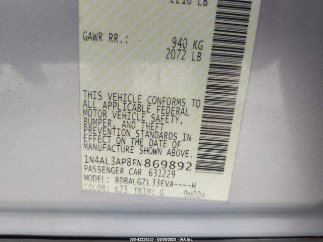 Nissan Altima 2.5 S 2015 1N4AL3AP8FN869892 Image 9