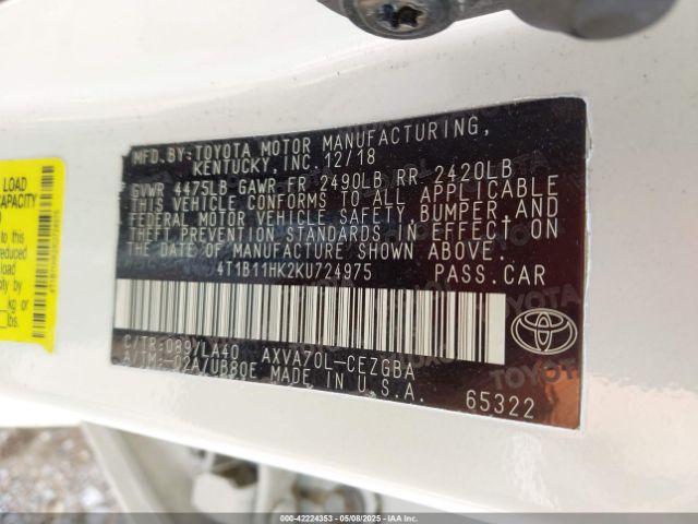 4T1B11HK2KU724975 Toyota CAMRY XLE