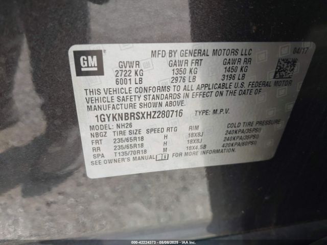 1GYKNBRSXHZ280716 Cadillac XT5 LUXURY