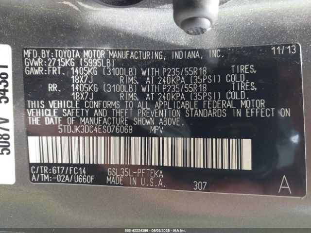 5TDJK3DC4ES076068 Toyota Sienna Le 7 Passenger