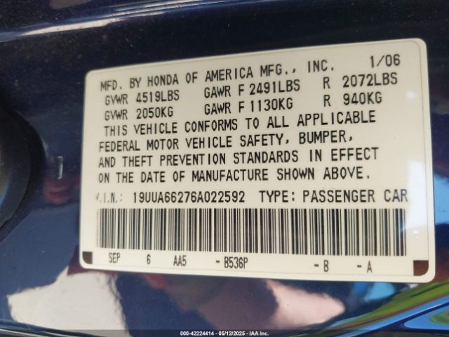 2006 ACURA TL 19UUA66276A022592 Photo 8