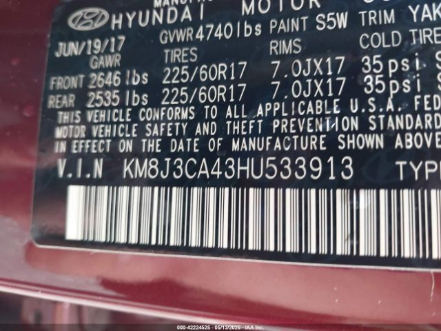 KM8J3CA43HU533913 Hyundai Tucson Se Plus