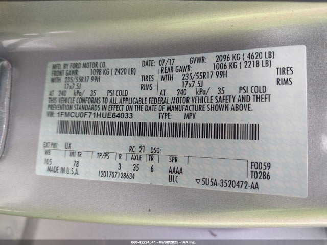 Ford ESCAPE S 2017 1FMCU0F71HUE64033 Image 9