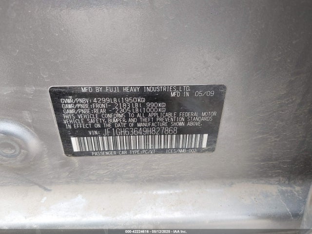 42224616 :رقم المزاد ، JF1GH63649H827868 vin ، 2009 Subaru Impreza Outback Sport مزاد بيع