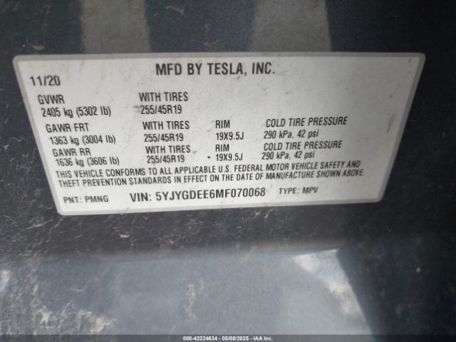 5YJYGDEE6MF070068 Tesla Model Y Long Range Dual Motor All-wheel Drive