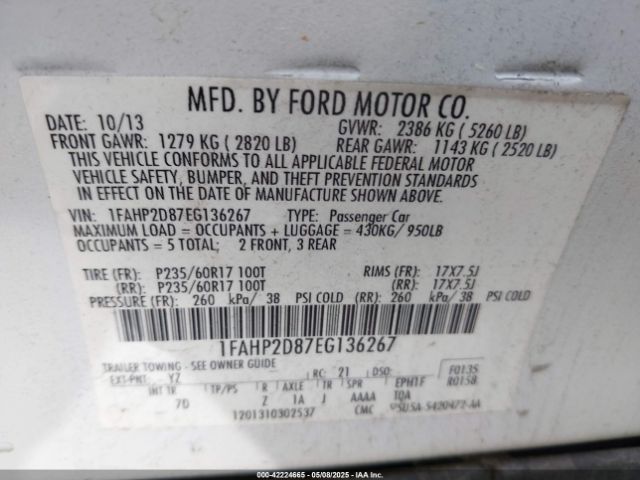 1FAHP2D87EG136267 Ford TAURUS SE