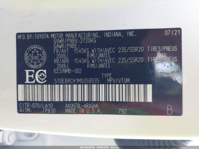 5TDEBRCH1MS058935 Toyota Highlander Hybrid Limited