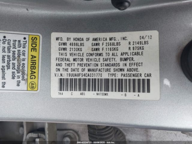 2012 ACURA TL 19UUA8F54CA031770 Photo 8