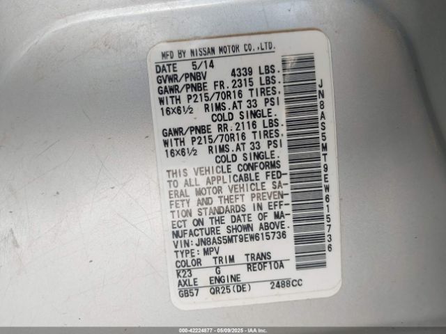 JN8AS5MT9EW615736 Nissan Rogue Select