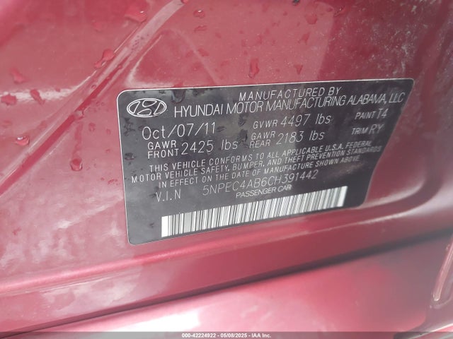 Продажа на аукционе авто 2012 Hyundai Sonata Se 2.0t, vin: 5NPEC4AB6CH391442, номер лота: 42224922