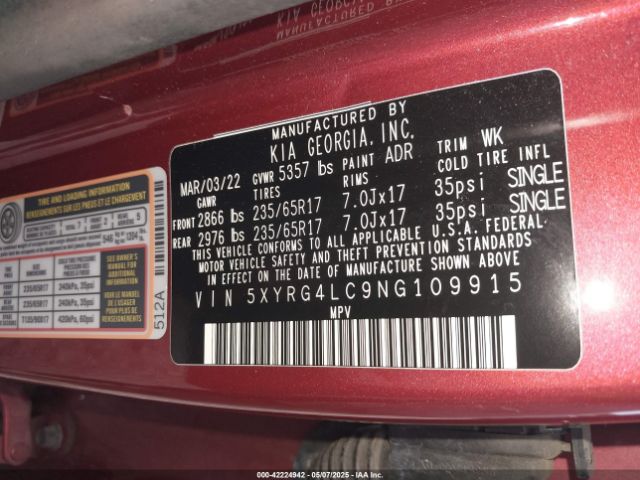 2022 KIA SORENTO 5XYRG4LC9NG109915 Photo 8