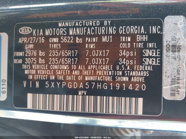 5XYPGDA57HG191420 KIA Sorento 3.3l Lx