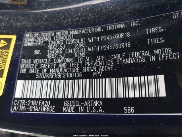 5TDZKRFH9FS100106 Toyota Highlander Le Plus V6