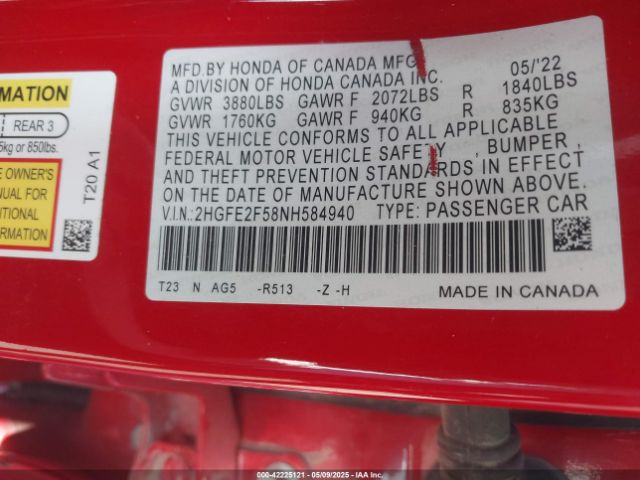 2022 HONDA CIVIC 2HGFE2F58NH584940 Photo 8
