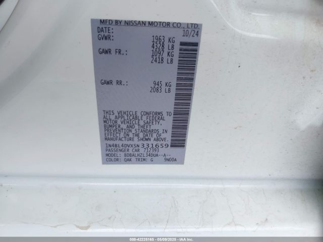 1N4BL4DVXSN331659 Nissan Altima Sv Fwd