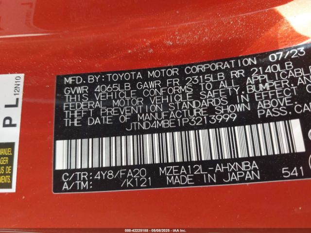 JTND4MBE1P3213999 Toyota COROLLA SE