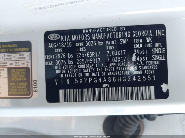 5XYPG4A36HG242551 KIA Sorento 2.4l Lx