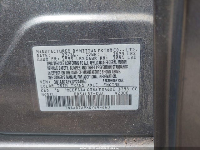 3N1AB7APXGY244860 Nissan Sentra Fe+ S/s/sl/sr/sv
