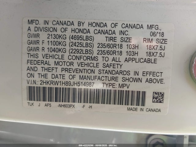 2HKRW1H89JH514987 Honda Cr-v Ex-l/ex-l Navi