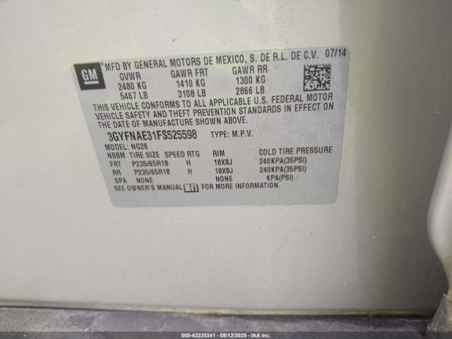 3GYFNAE31FS525598 Cadillac Srx Standard