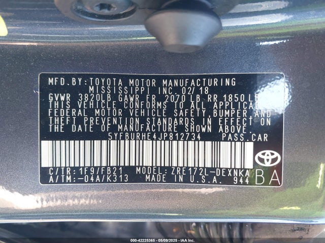 2018 Toyota Corolla Le მანქანა იყიდება აუქციონზე, vin: 5YFBURHE4JP812734, აუქციონის ნომერი: 42225365
