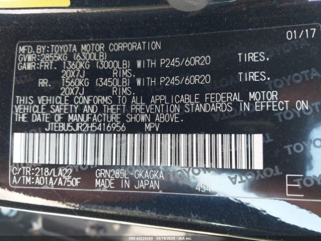 JTEBU5JR2H5416956 Toyota 4runner Limited