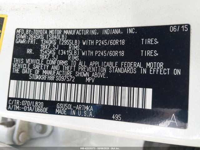 Toyota Highlander Xle V6 2015 5TDKKRFH8FS097572 Image 9