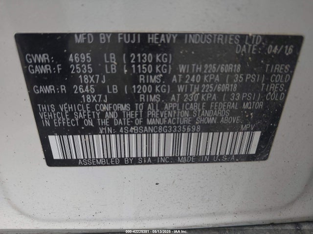 4S4BSANC8G3335698 Subaru 2.5l u5