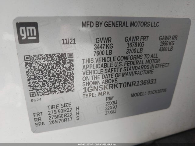 1GNSKRKT0NR136931 Chevrolet lm2 - cri, vgt, alum