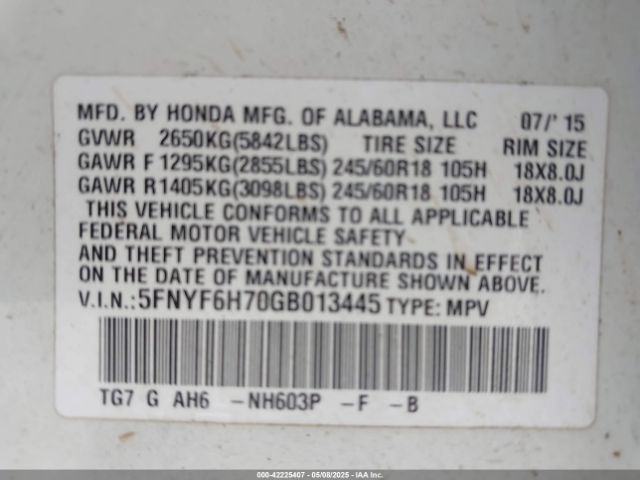 5FNYF6H70GB013445 Honda Pilot Ex-l