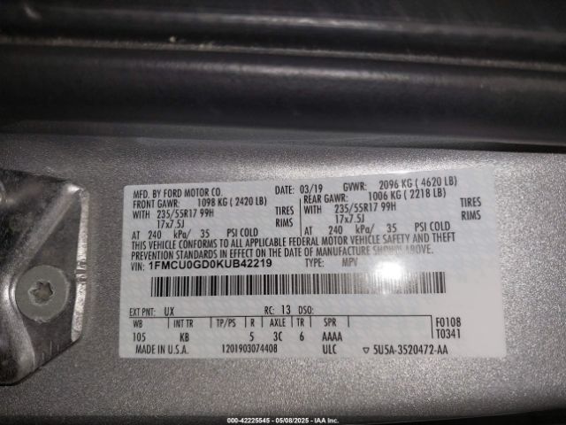 1FMCU0GD0KUB42219 Ford ESCAPE SE