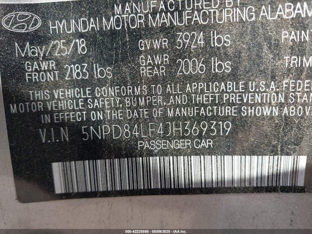 5NPD84LF4JH369319 Hyundai ELANTRA SEL