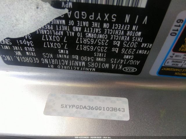 5XYPGDA36GG103843 KIA Sorento 2.4l Lx