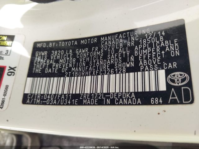 2T1BURHEXFC326128 Toyota COROLLA L