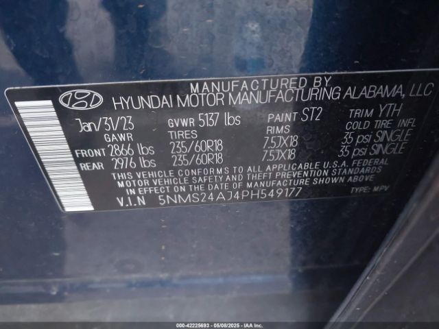 5NMS24AJ4PH549177 Hyundai Santa Fe Sel
