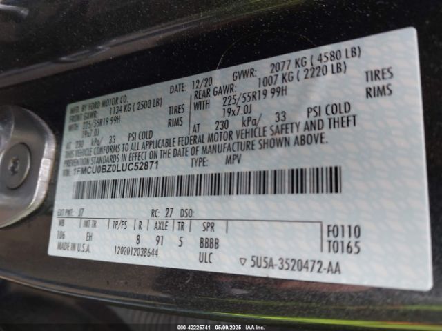 1FMCU0BZ0LUC52871 Ford Escape Se Sport Hybrid