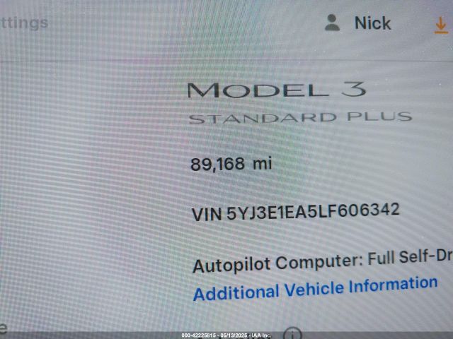 5YJ3E1EA5LF606342 Tesla Model 3 Standard Range Plus Rear-wheel Drive/standard Range Rear-wheel Drive