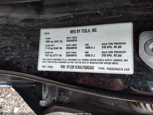 5YJ3E1EA5LF606342 Tesla Model 3 Standard Range Plus Rear-wheel Drive/standard Range Rear-wheel Drive