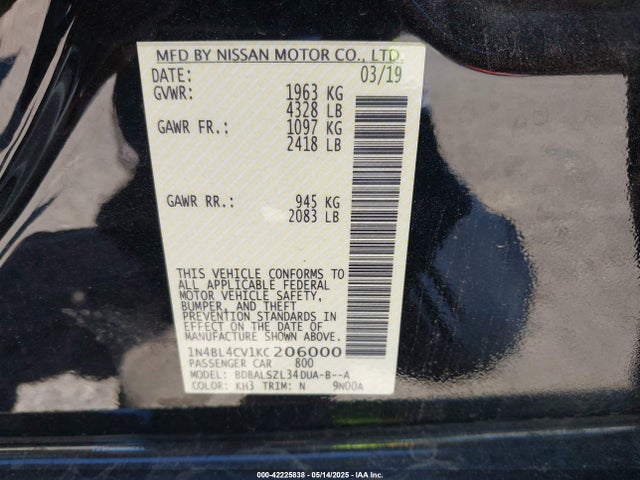 Nissan 2019 2019 1N4BL4CV1KC206000 Image 9