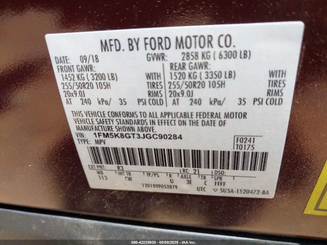 1FM5K8GT3JGC90284 Ford EXPLORER SPORT