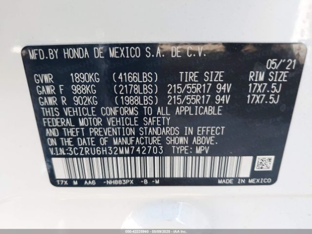 3CZRU6H32MM742703 Honda Hr-v Awd Lx