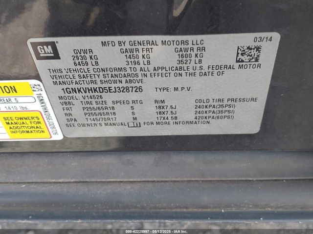 1GNKVHKD5EJ328726 Chevrolet Traverse 2lt