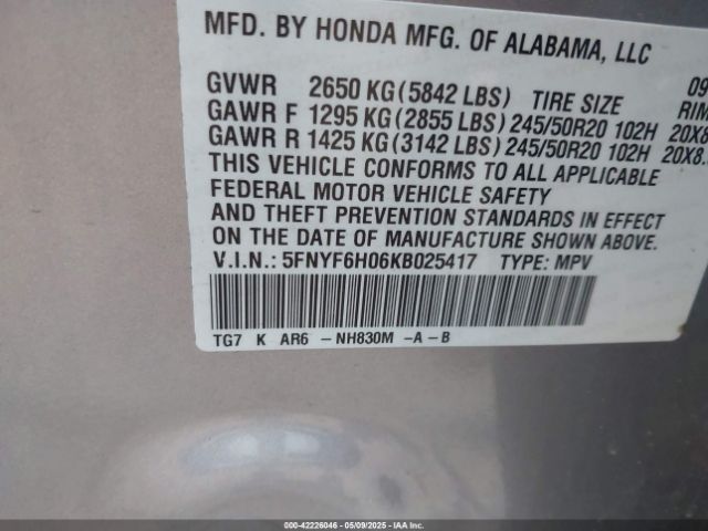 5FNYF6H06KB025417 Honda j35y6
