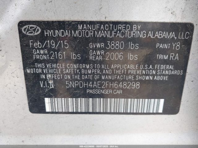 5NPDH4AE2FH648298 Hyundai ELANTRA SE