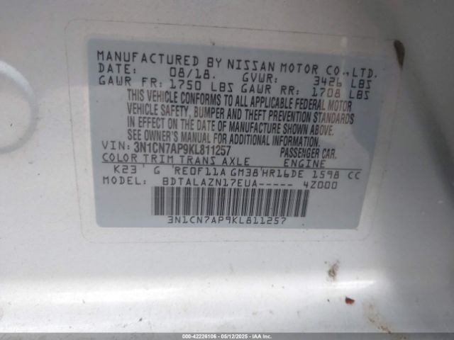 3N1CN7AP9KL811257 Nissan Versa 1.6 S+