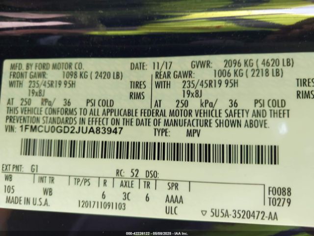 1FMCU0GD2JUA83947 Ford ESCAPE SE